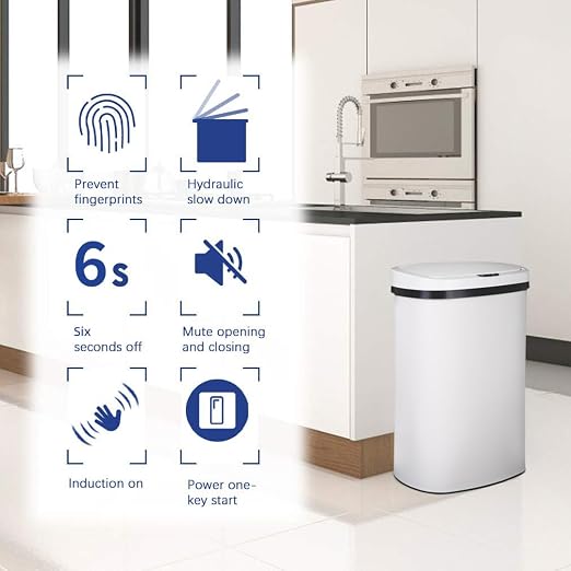 BestOffice | 13 Gallon Stainless Steel Trash Can with Lid | White | Automatic Touchless Garbage Can | Odor Control | Modern Oval Design | Easy to Clean | For Kitchen, Bathroom, Office or Home