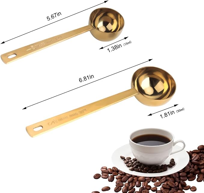 Coffee Scoop, Gold Stainless Steel Coffee Spoons Set, 1 tablespoon (15ml) and 1 tablespoons (30ml) Spoon, Gold Tablespoon Measure Spoon for Coffee, Milk Powder, Fruit Powder, 2 Pack(Long Handle)