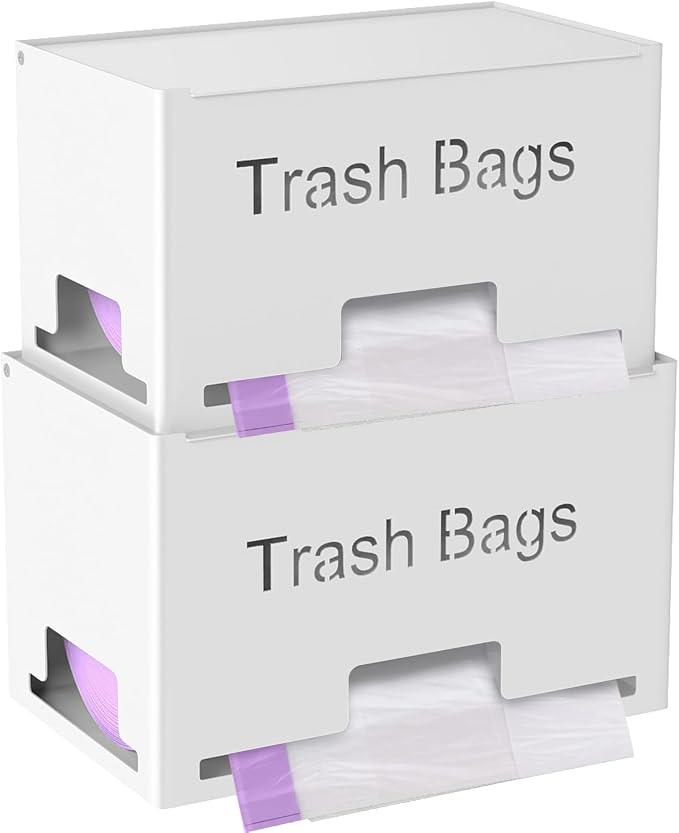 STWWO 2-Pack Trash Bag Holder Dispenser, Stackable Garbage Bag Dispenser | Extra Large Trash Storage Organizer for Kitchen Laundry Under Sink, Wall Mounted or Freestanding, Metal White