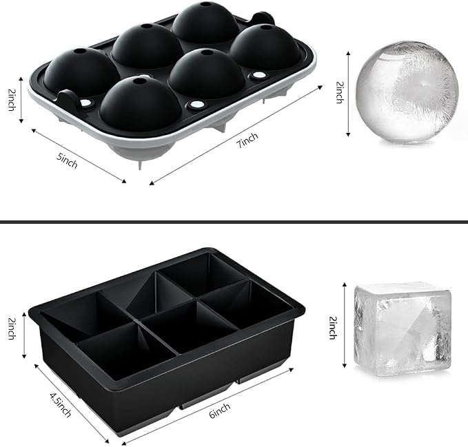 2 Pack Ice Cube Tray, 2" Sphere Ice Ball Mold with Lid & Large Square Maker | Perfect for Whiskey, Cocktails, Bourbon, and Homemade Drinks, Creating Slow-Melting Ice That Keeps Beverages Chilled Longer