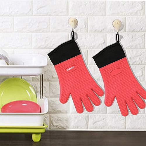Silicone Oven Mitts Gloves - Heat Resistant, Non-Slip for BBQ, Grilling | 450°F Double-Layer｜Waterproof Kitchen Cooking Barbecue Mittens ｜5 Finger Hot Mitt for Baking, Smoker& Cast Iron(Small)