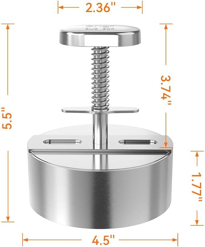 Brigii 304 Stainless Steel Burger Press, 4.5" Hamburger Press Patty Maker | Spring back design, thickness guide 100g-400g, easy release, no coating, no rust, dishwasher safe, for ground beef patties