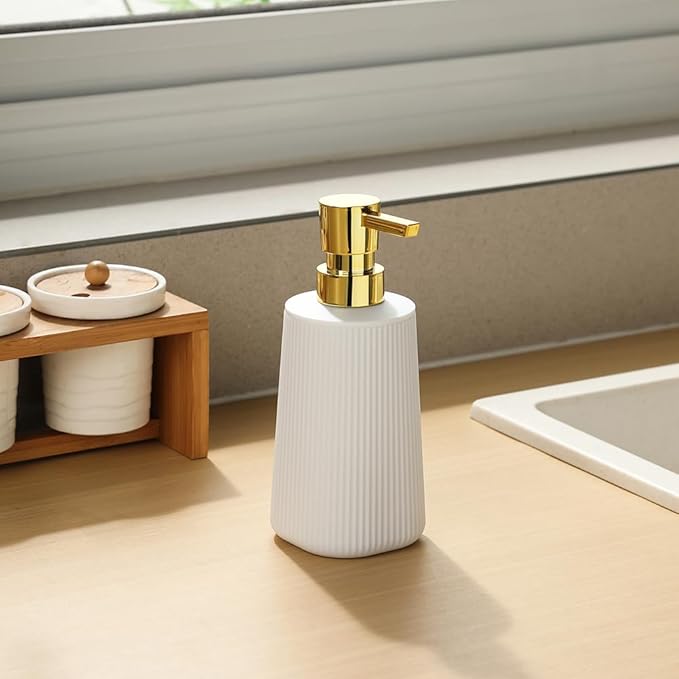YAUKPH Small Soap Dispenser for Bathroom and Kitchen Matte White and Gold | Modern Farmhouse Striped Style Plastic Hand Soap Dish Soap Dispenser with Pump