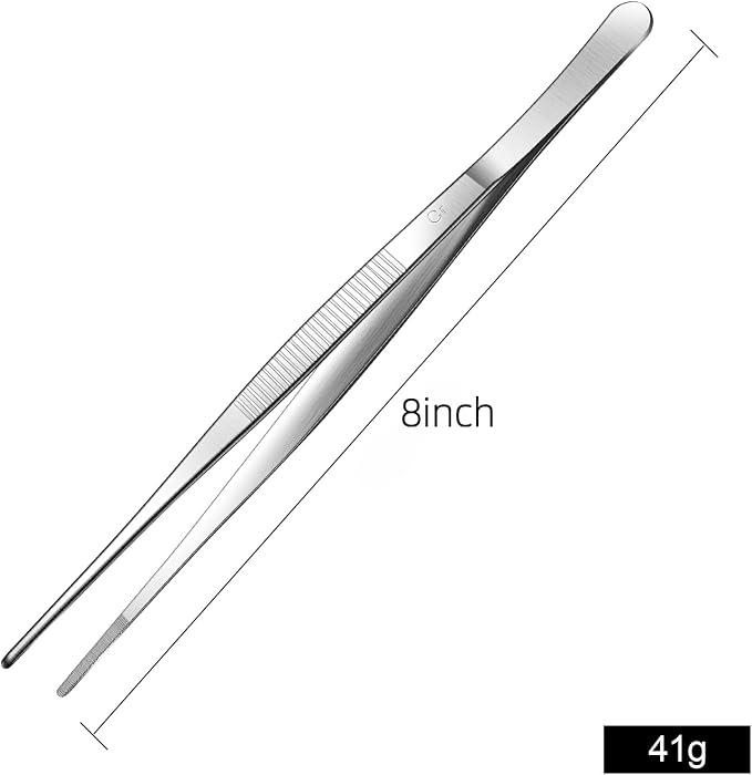 Aniso Long Tweezers, Stainless Steel, 8 inches | Precision Serrated Tip, Cooking Tweezers Tongs， For Barbecue, Hand-Made，Steaks, Bread, Pizza, Salads