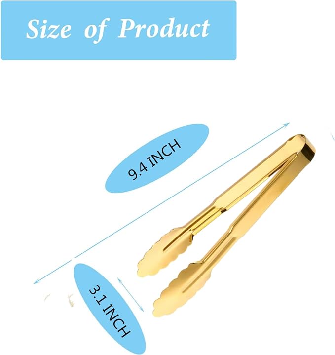 2-Pack 9 Inch Gold Serving Tongs Barbecue Food Tongs Buffet Tongs Non-slip & Easy Grip Stainless Steel Gold Kitchen Cooking Tongs, Salad, Bread, Ice, Frying,Grilling,Pastry,Oven