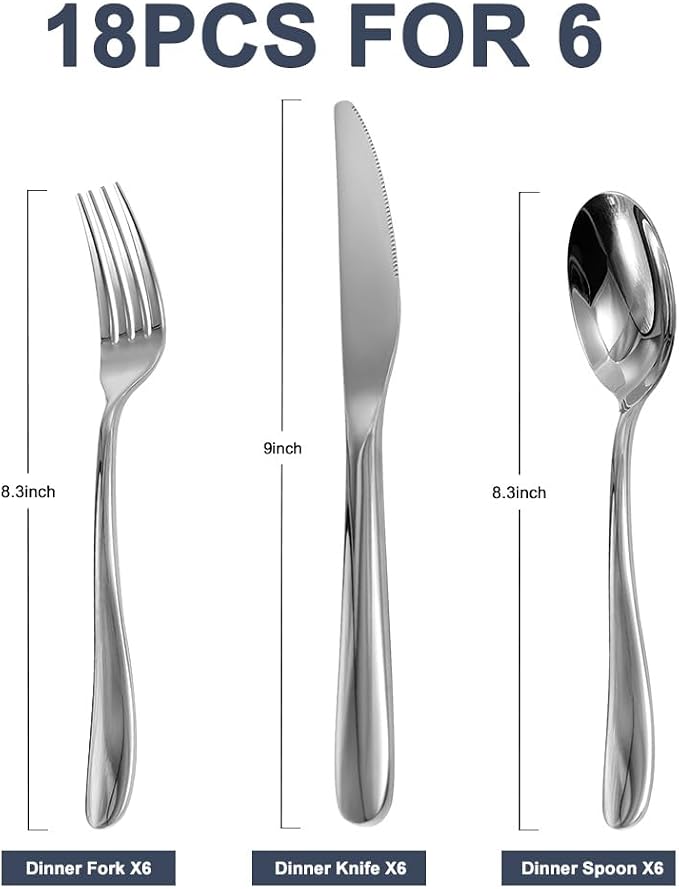 Stainless Steel 18PCS Dinner Set combo with 6 Dinner Knives, 6 Dinner Forks, 6 Dinner Spoons，Silverware Set for Home, Kitchen and Restaurant, Mirror Polished& Dishwasher Safe