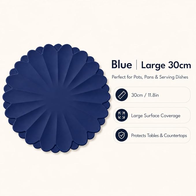 Heat-Resistant Silicone Trivet Mats, Non-Slip Hot Plate Holder for Kitchen Countertops & Dining Table, Reusable Pot Holder Pad with Secure Grip, Dishwasher Safe (Blue, Diameter: 30cm/11.81")