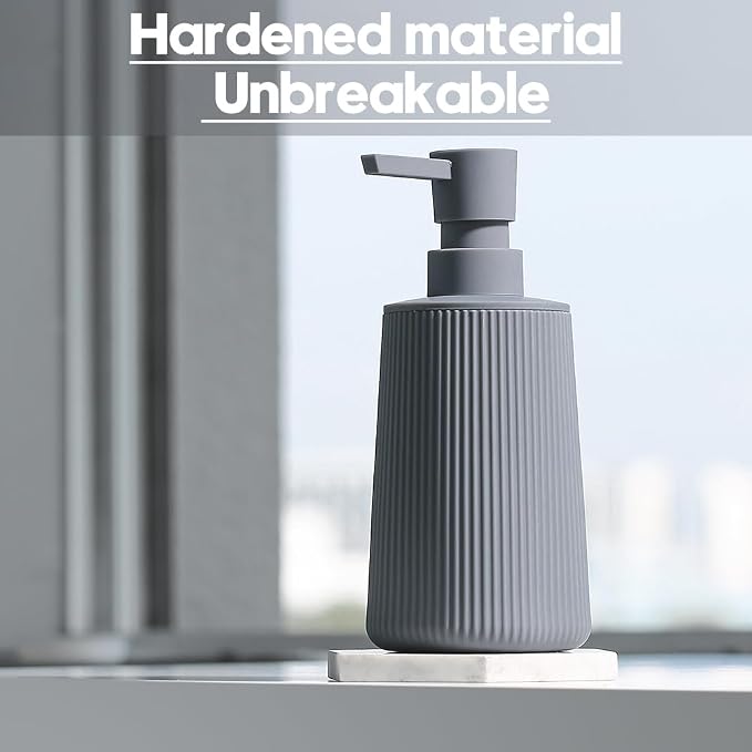 YAUKPH Small Soap Dispenser for Bathroom and Kitchen Matte Gray | Modern Farmhouse Striped Style Plastic Hand Soap Dish Soap Dispenser with Pump