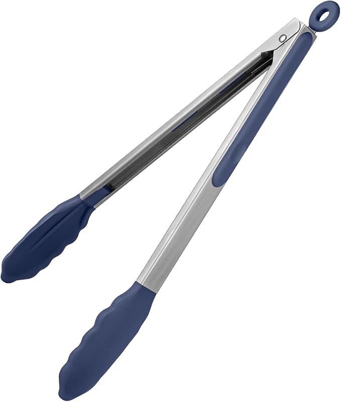 U-Taste Kitchen Tong for Cooking, 600ºF Heat-Resistant, 12in/Midnight Blue | Large Tongs for Serving Food, Big Rubber Tong for Grill/BBQ, Silicone Tips & 18/8 Stainless Steel Handle, Smooth Locking