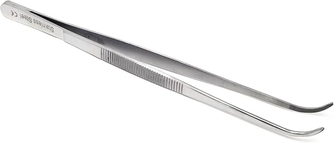 Professional Culinary Stainless Steel Precision Tongs with Serrated Tips, Plating/Food Presentation Detailing Serving Tongs, Chef's Kitchen Tweezer Tongs - Ultra Non-Slip Grip (8 Inch Curved)