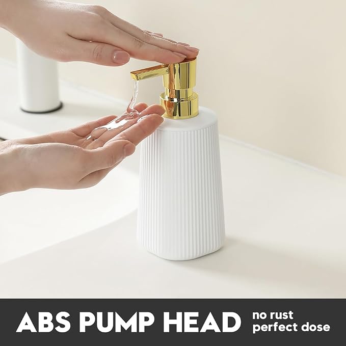 YAUKPH Small Soap Dispenser for Bathroom and Kitchen Matte White and Gold | Modern Farmhouse Striped Style Plastic Hand Soap Dish Soap Dispenser with Pump