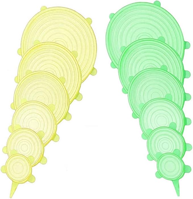 12 pcs Silicone Stretch lids set, 6 Sizes, Reusable Food Storage Covers ，Silicone Bowl Covers，Flexible to Fit All Shape of Containers，Food Cover to Keep Food Fresh (green,yellow)