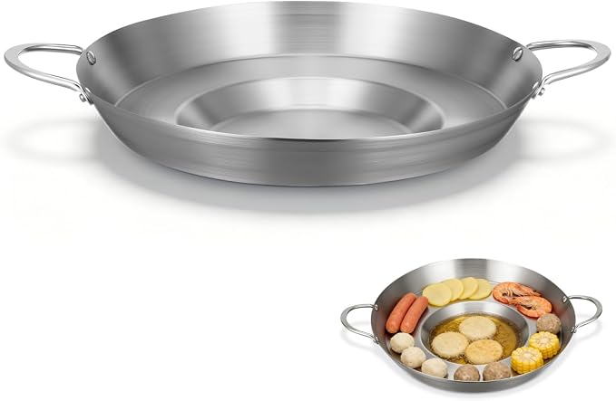 Cabilock Stainless Steel Comal Frying Bowl with Double Handle, Rounded Flat Bottom Paella Pan, Home Wok Pot Non-stick Cooking Pan Kitchen Cookware for Stoves