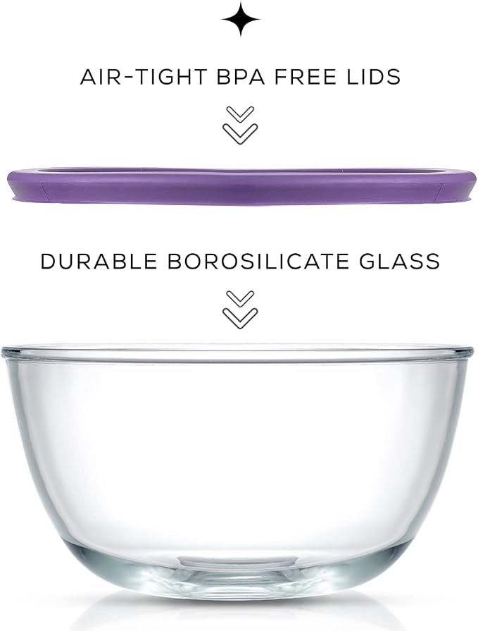 JoyJolt Very Peri 8pc Glass Mixing Bowls with Lids Set - Large Nesting Bowls, 2 Qt, Durable, Dishwasher & Microwave Safe