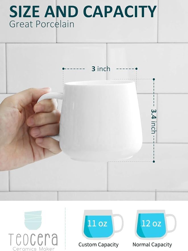 Teocera Coffee Mugs Set of 6-12oz Chip-Resistant Ceramic Cups with Ergonomic Handle | Dishwasher & Microwave Safe White Mugs | Keeps Beverage Hot, Perfect for Family Kitchen & Holiday Gifts