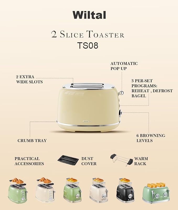 Wiltal Toaster Retro 2 Slice, Vintage White Toaster with Lid, with Bread Attachment, Preheat, Defrost And Cancel Functions, 6 Browning Levels (Beige)