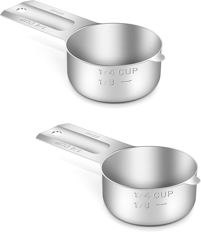 2PCS 1/4CUP(60ml, 2oz) Measuring Cup, 18/8 Stainless Steel Measure Scoop | High Precision, Food-Grade 304 SS, ‌Rust-Free, Dishwasher-Safe, Easy-Read Markings, Multi-Purpose, Sturdy & Durable