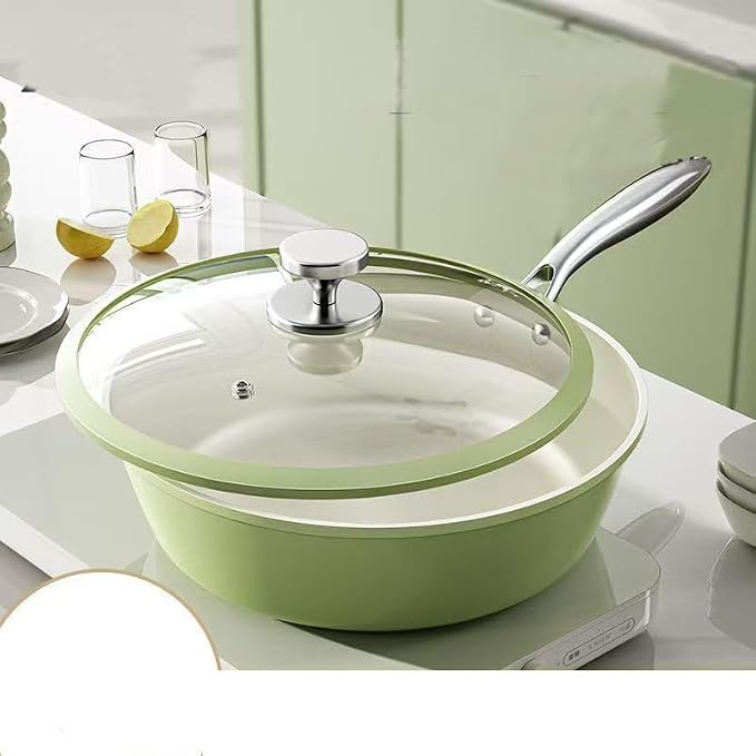 Nonstick Ceramic Frying Pan, Stir Fry Pans with Lid, Gas Electric & Induction Compatible (Green, Pan with Lid 12 inch)