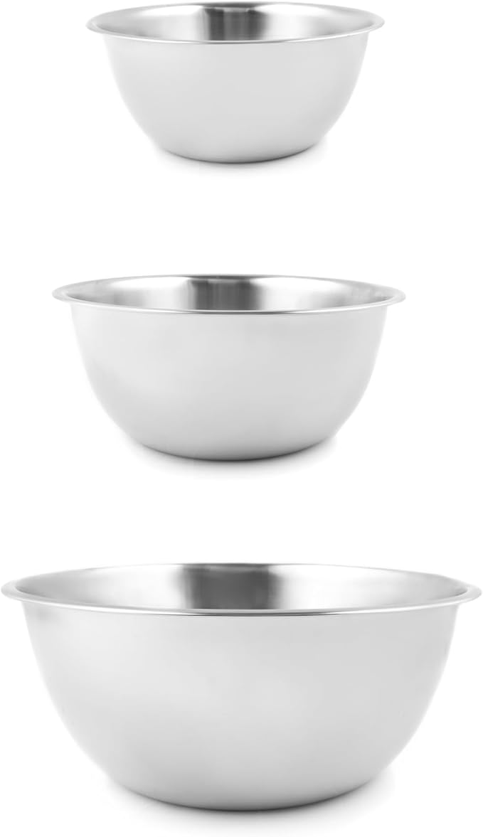 Fox Run Stainless Steel Mixing Bowl, Set of 3 Nesting Mixing Bowls | 4.25, 6.25 & 10.75 Quart Mixing Bowl Set | Double Wall Construction For Temperature Retention | Dishwasher Safe Mixing Bowls