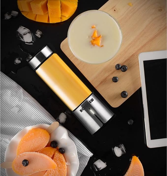 Portable Smoothie Blender ROSEVIEW Glass Cordless Mini Shakes Cup blend for smoothies USB rechargeable juicer 2 battery Handheld Personal travel Jet mixer (Black Steel) (Innox Steel)