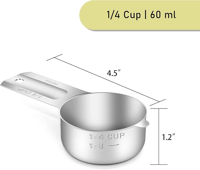 1PCS 1/4CUP(60ml, 2oz) Measuring Cup, 18/8 Stainless Steel Measure Scoop | High Precision, Food-Grade 304 SS, ‌Rust-Free, Dishwasher-Safe, Easy-Read Markings, Multi-Purpose, Sturdy & Durable