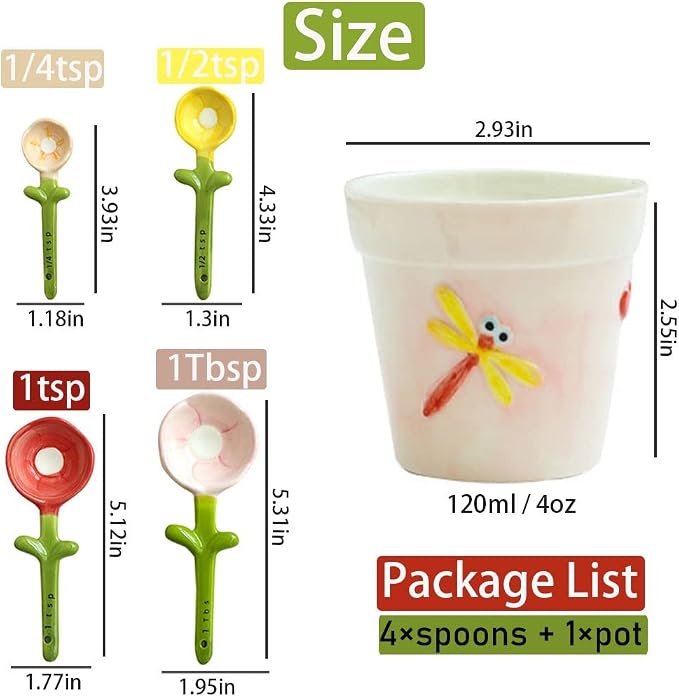 Flower Measuring Spoons Set in Pot Unique Baking Gifts Ceramic Cute Measuring Cups and Spoons with Holder for Dry Wet Ingredients Dishwasher Safe Pink