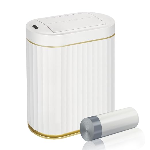 ELPHECO Motion Sensor Bathroom Trash Can with Lid 2 Gal Automatic Trash Can | Butterfly Lid, Room Decor Bathroom Accessories, Motion Sensor Wastebasket Garbage Can, Kitchen Living Room Office, White Gold