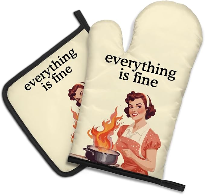 DYJYBMY Everything Is Fine Funny Oven Mitts and Pot Holder Set, Vintage Lady Kitchen Gadgets for Women Bake Lover, Housewarming Gifts for Hostess Chef Friend, Baking Gifts for Mom Wife Aunt Sister BFF
