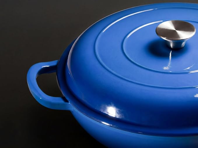 Leonyo 3.6QT Cast Iron Braiser Shallow Dutch Oven with Lid,Blue | Nonstick Enameled Cast Iron Casserole Skillet, Cast Iron Cookware Shallow Dutch Oven with Lid for All Cooktop, Oven Safe