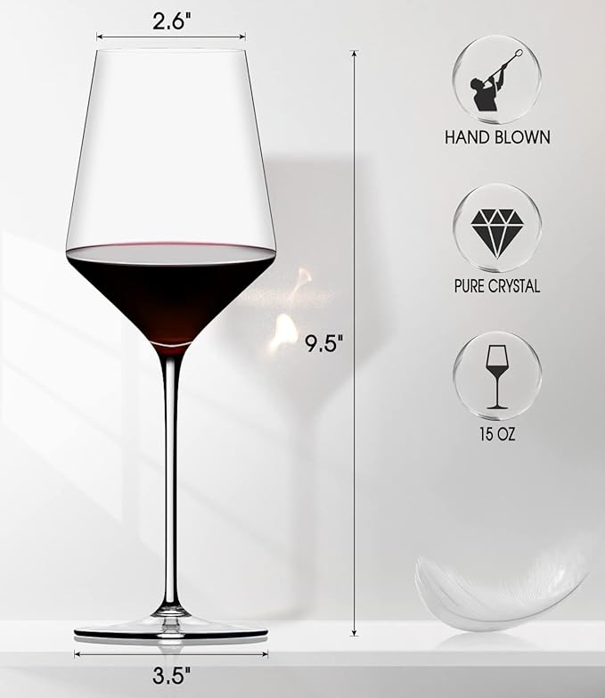 OJA Wine Glasses Set, Crystal Red Hand Blown Wine Glass, Set of 6, 15 oz | Long Stem, Thin Rim, Premium, Perfect for Red or White, Daily Use, Unique Wedding Anniversary or Birthday Gift
