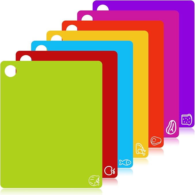 7 Pieces Flexible Cutting Boards with Hanging Hole, BPA Free Plastic Cutting Boards for Kitchen, Non Slip Cutting Mat for Meat and Vegetables