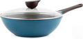 Neoflam Eela 12'' Non Stick Chef's Wok with Glass Lid, Stir Fry Pan and POFA-Free Ceramic Coating for Cooking Saute Vegetables, Meat, Fish, 12 inch, Deep Blue (Handle assemble required)