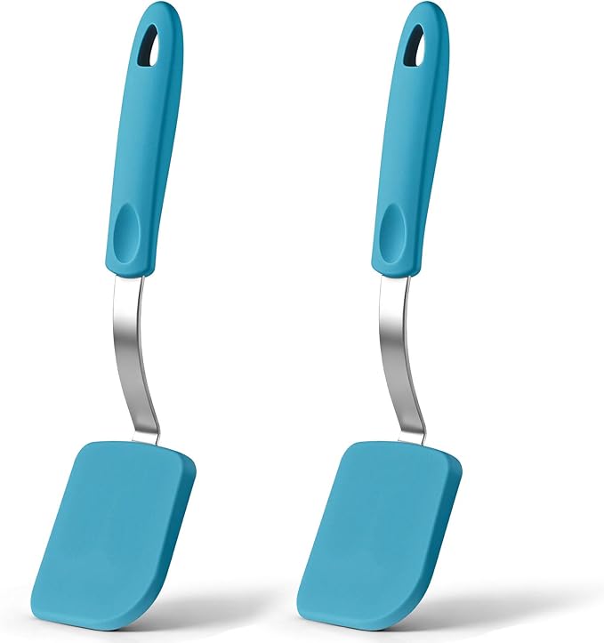 Silicone Cookie Spatula Turner 2 Pack Mini Brownie Spatula Flexible Kitchen Small Silicone Turner for Nonstick Cookware Heat Resistant No Scratch Flipper for Egg(Solid Flat,Light Blue)