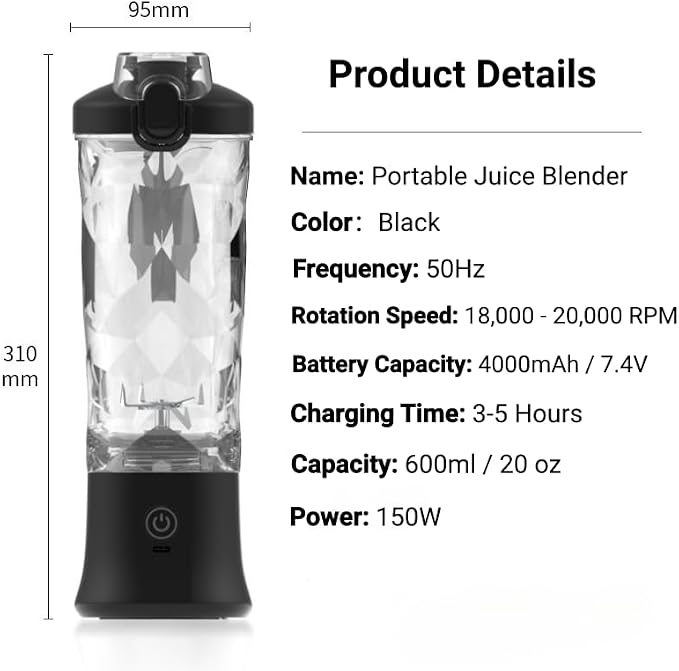Portable Blender,USB 600ML Electric Juicer Fruit Mixer,4000mAh,Personal compact travel juicer,Smoothies,Fresh juice,Self-cleaning,Leakproof lid, Smart time display,6 blades,with strong blending,Black