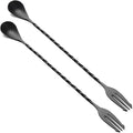Bar Spoon Cocktail Mixing Stirrers,2Pcs,12” with Trident Fork, Black | 18/8 Stainless Steel, Double Ended Design, Long Drink Spoons, Trident Fork, for Stirring Coffee & Cocktails