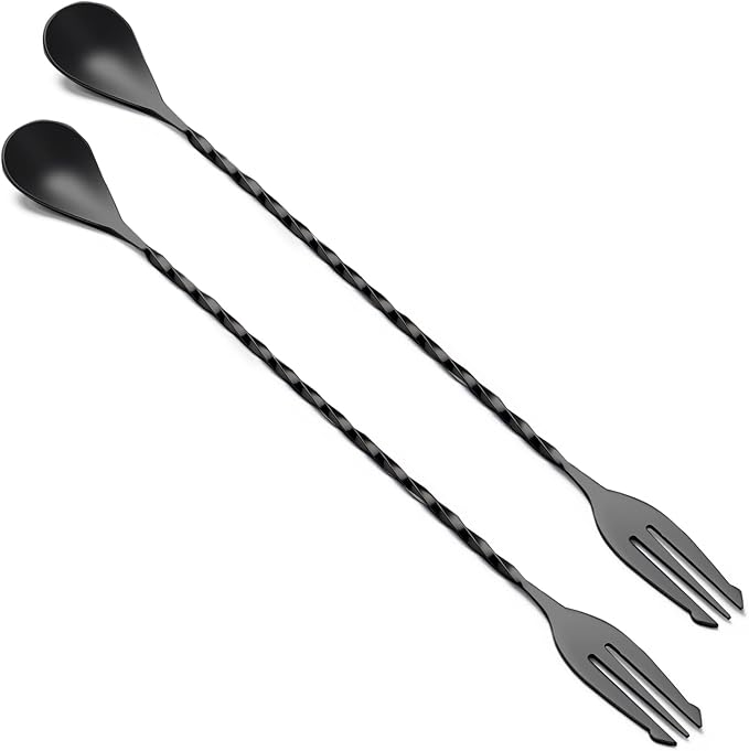 Bar Spoon Cocktail Mixing Stirrers,2Pcs,12” with Trident Fork, Black | 18/8 Stainless Steel, Double Ended Design, Long Drink Spoons, Trident Fork, for Stirring Coffee & Cocktails