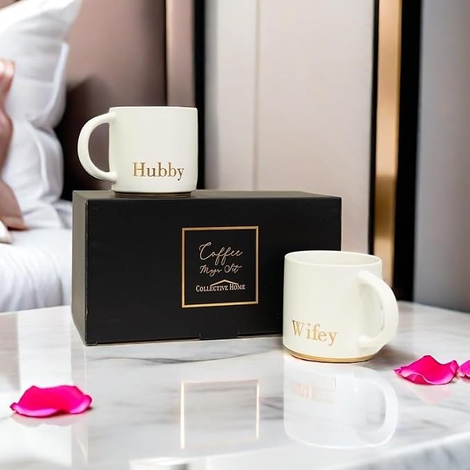 COLLECTIVE HOME Hubby & Wifey Ceramic Coffee Mug Set, 15oz, 2-Piece | Luxury Wedding Gift for Couples, Elegant Coffee Cups for Newlyweds, Anniversary & Engagement Gift, Gift Box Set