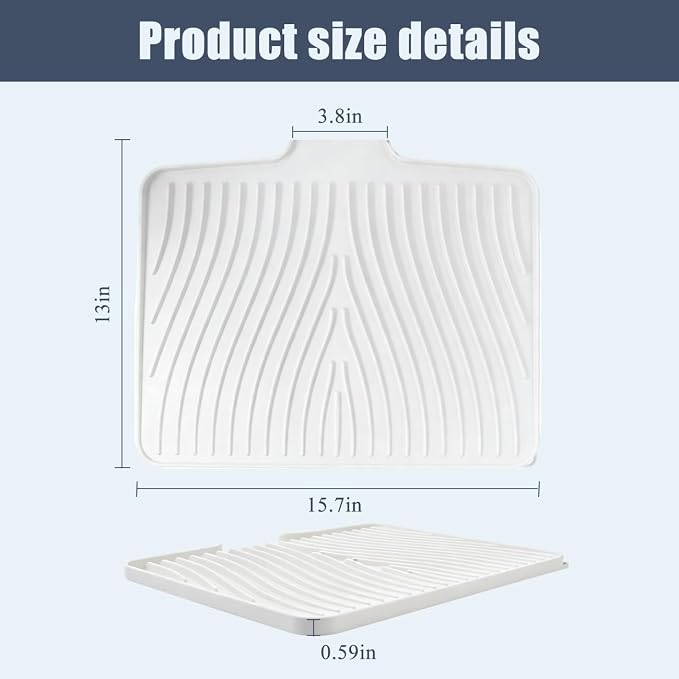 Silicone Dish Drying Mat for Kitchen Counter, White-1pcs, 16" x 13" | Heat Resistant & Non-Slip Dish Drain Pad with Built-In Drain, Dishwasher Safe, Quick-Dry, Hangable & Roll-Up for Storage