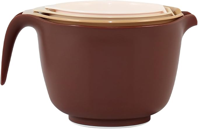Glad Mixing Bowls with Pour Spout, Set of 4 - Nesting Plastic Bowls (1.2qt, 1.9qt, 2.8qt, and 3qt with Handle) - Non Slip Base, Dishwasher Safe Kitchen Cooking and Baking Supplies, Beige