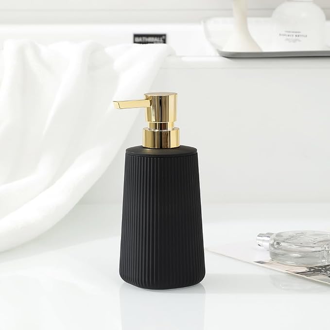 YAUKPH Small Soap Dispenser for Bathroom and Kitchen Matte Black and Gold | Modern Farmhouse Striped Style Plastic Hand Soap Dish Soap Dispenser with Pump