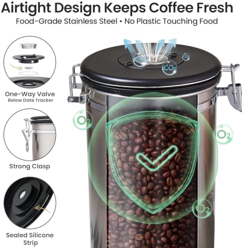 Veken Coffee Canister,39OZ, 2.2lbs,Large Airtight Stainless Steel Container Kitchen Food Storage Jars for Beans,Ground, Espresso, Rice,Tea, Sugar, Cereal, Gifts, Date Tracker, Scoop, Silver(Pack of 2)