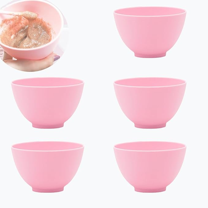 5 Pack Pink Mixing Bowls, Silicone Face Mask Set for Facials | For home routines, reusable build, non-stick finish and quick rinse care, suited to clay blends, lotion and cream formulas