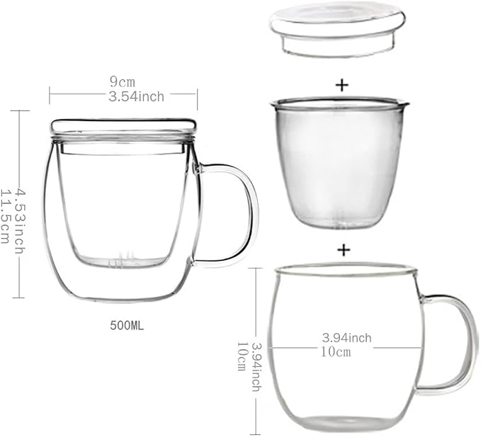 Glass Tea Cup with Infuser and Lid, 17 oz Clear Loose Leaf Tea Infuser Mug | Borosilicate Glass Tea Infuser for Black Tea, Teacup or Tea Steeper with Strainer for Brewing, Gift for Women and Tea Lovers