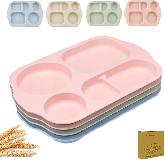 PUPOPIK 12 Inch Divided Plates4 PCS - Reusable Unbreakable Wheat Straw Plates, Dinnerware Lunch Tray Plates Tableware for Kitchen, Picky Eaters, Campers and Portion Control (Blush)