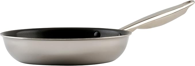 Winco 8" Tri-Ply Stainless Steel Fry Pan, Non-Stick | Large flat bottom for even heat distribution, Induction compatible, Steel, Great for Sauteing, Frying and Restaurant Kitchens