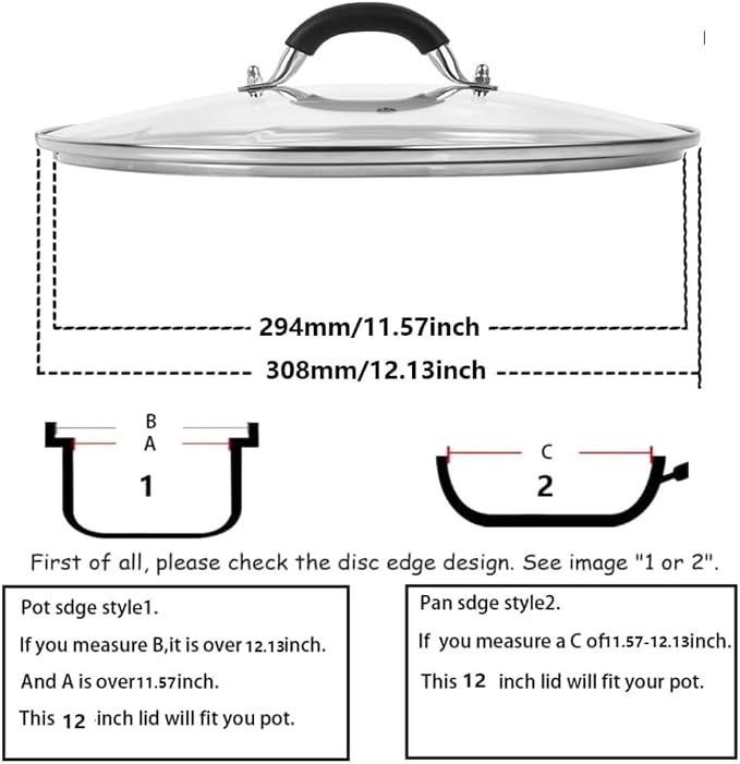 12 Inch Tempered Glass Lid for Lodge 12" Cast Iron Skillets & 7QT Dutch Ovens -Stainless Steel Handle and Rim (12 INCH LID)
