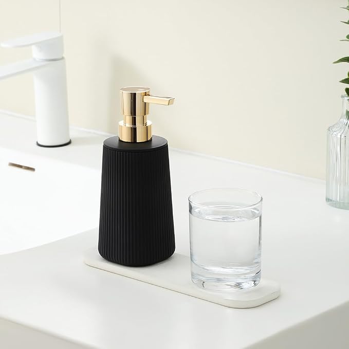 YAUKPH Small Soap Dispenser for Bathroom and Kitchen Matte Black and Gold | Modern Farmhouse Striped Style Plastic Hand Soap Dish Soap Dispenser with Pump