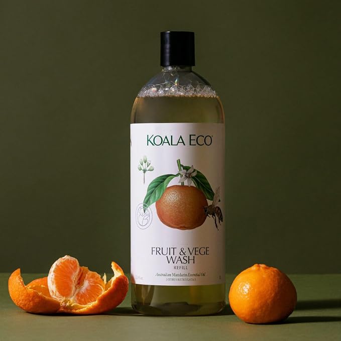 Koala Eco Fruit & Vegetable Wash, Australian Mandarin Essential Oil, 34oz | Vegan friendly produce rinse — no synthetic fragrance, a gentle botanical clean for everything in the crisper.