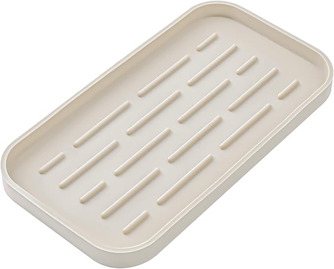 MicoYang Silicone Kitchen Sink Organizer Tray for Multiple Usage,Eco-Friendly Sponges Holder for Kitchen Bathroom Counter or Sink,Dish Soap Dispenser,Scrubber,Bottle,Cup (Tapioca, 10"×5.3")