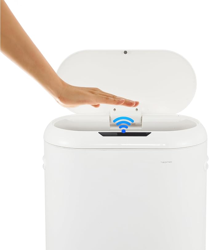 happimess 13.2 Gal Oval Motion Sensor Trash Can, Cotton White | Oval, Motion Sensor, Touch Mode, Soft Close Lid, Powder Coated Iron, 17.7" W x 9.84" D x 24.2" H